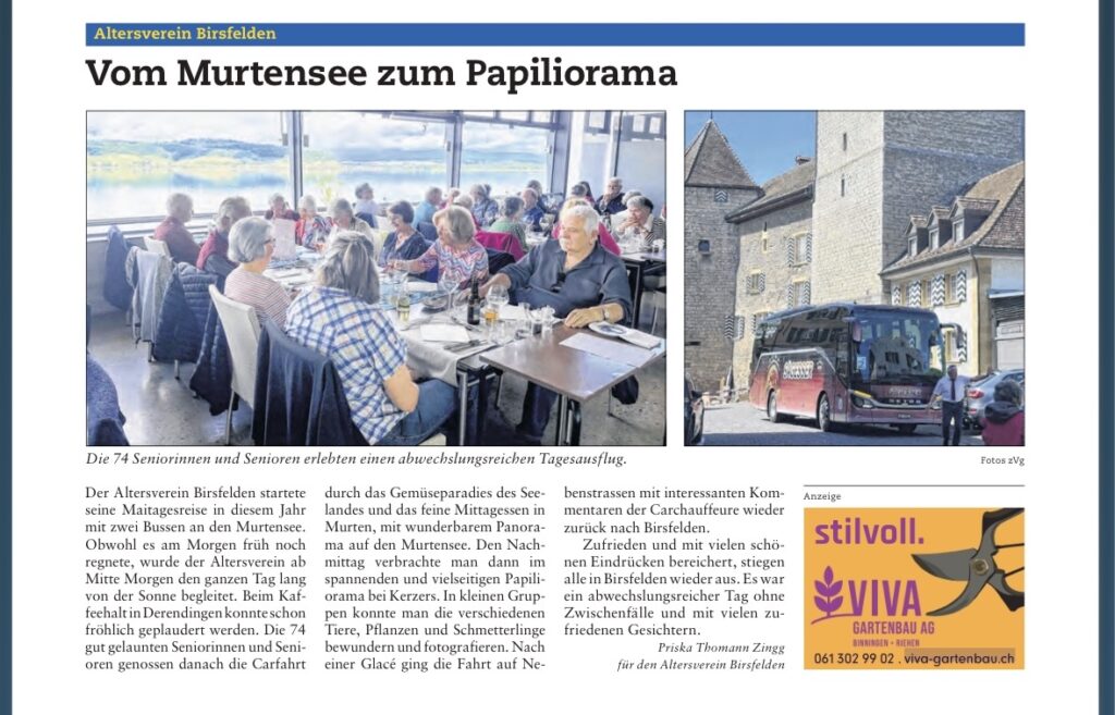 Artikel zum Ausflug ins Papiliorama 2026 aus dem Birsfelder Anzeiger